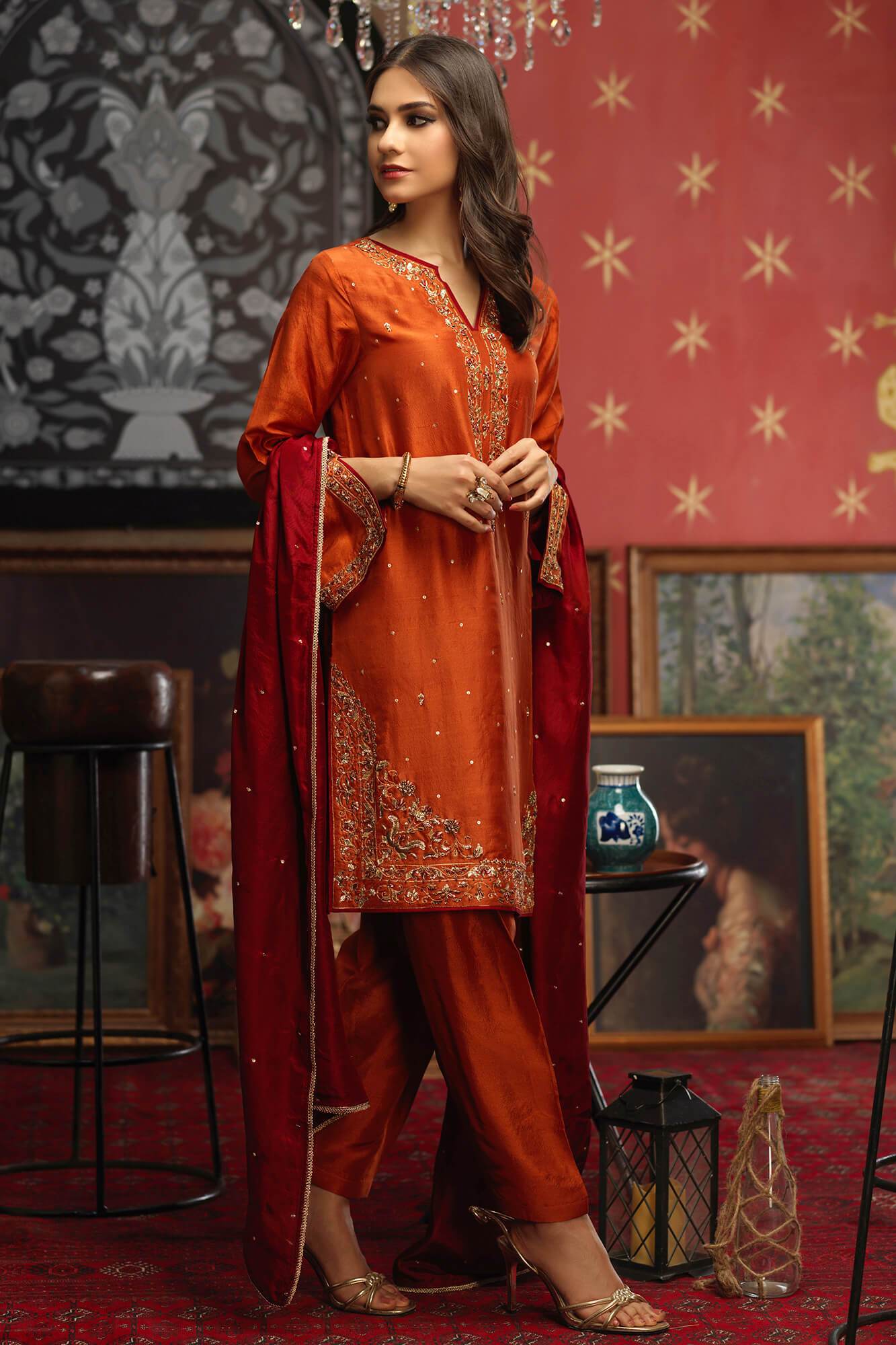 Pakistani Rust Embroidered PK Raw Silk Salwar Kameez (3-Piece) - Image 1