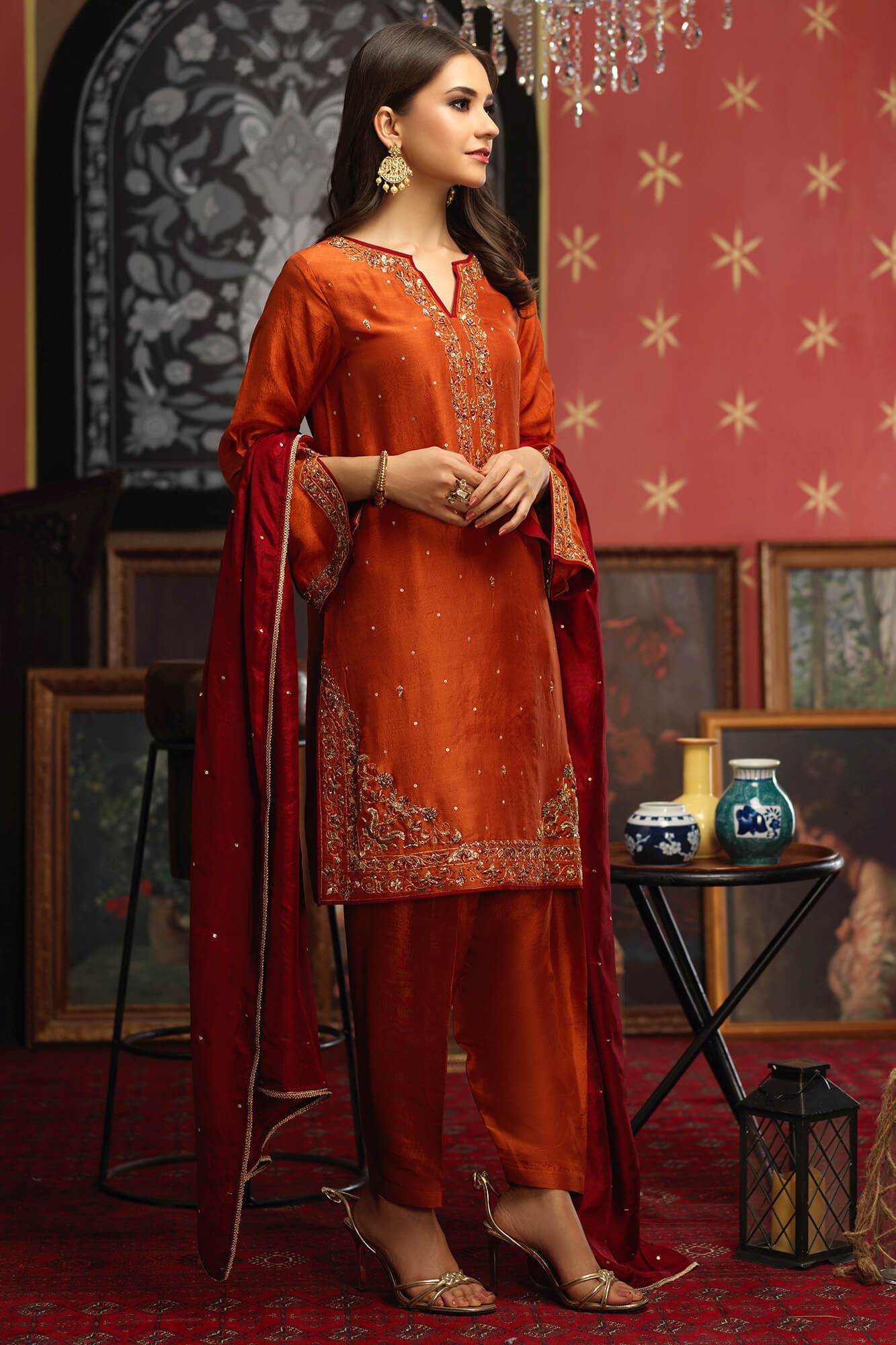Pakistani Rust Embroidered PK Raw Silk Salwar Kameez (3-Piece) - Image 3