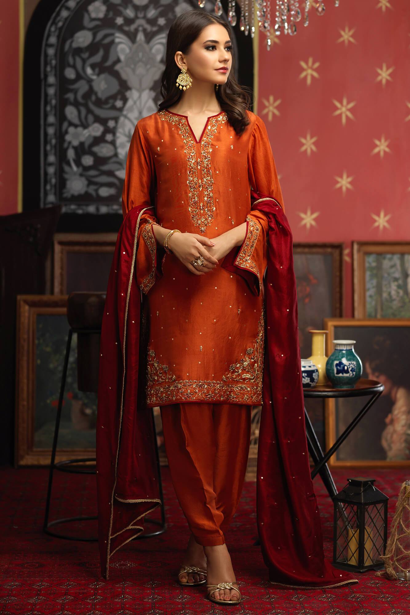 Pakistani Rust Embroidered PK Raw Silk Salwar Kameez (3-Piece) - Image 4