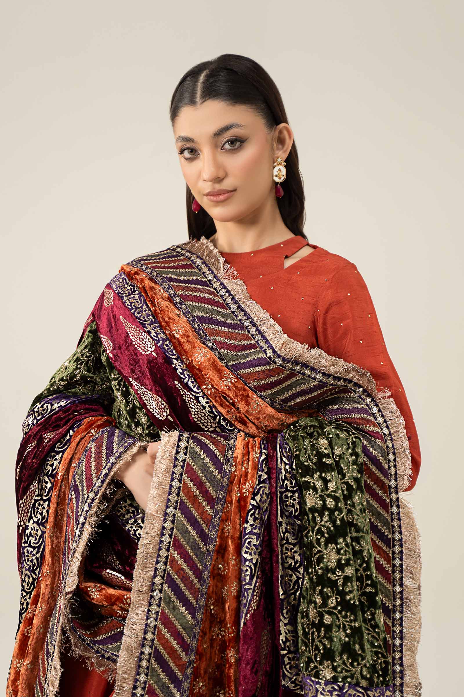 Pakistani Rust Mukaish Raw Silk Straight Suit (3-Piece) - Image 2