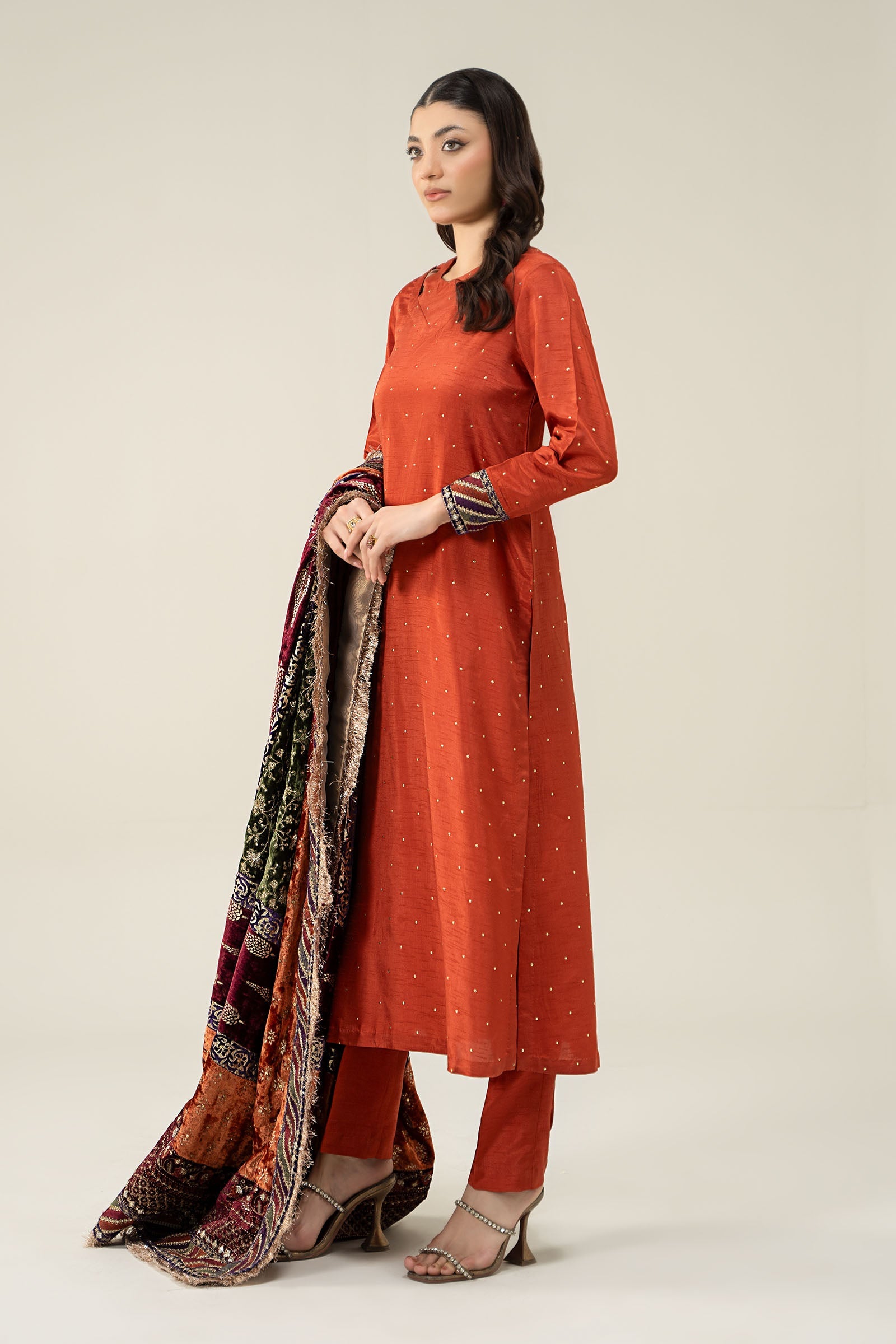 Pakistani Rust Mukaish Raw Silk Straight Suit (3-Piece) - Image 3