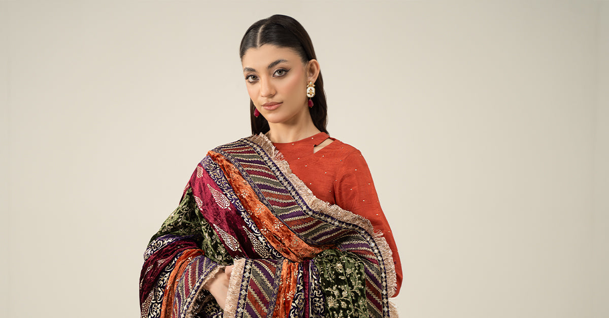 Pakistani Rust Mukaish Raw Silk Straight Suit (3-Piece) - Image 6