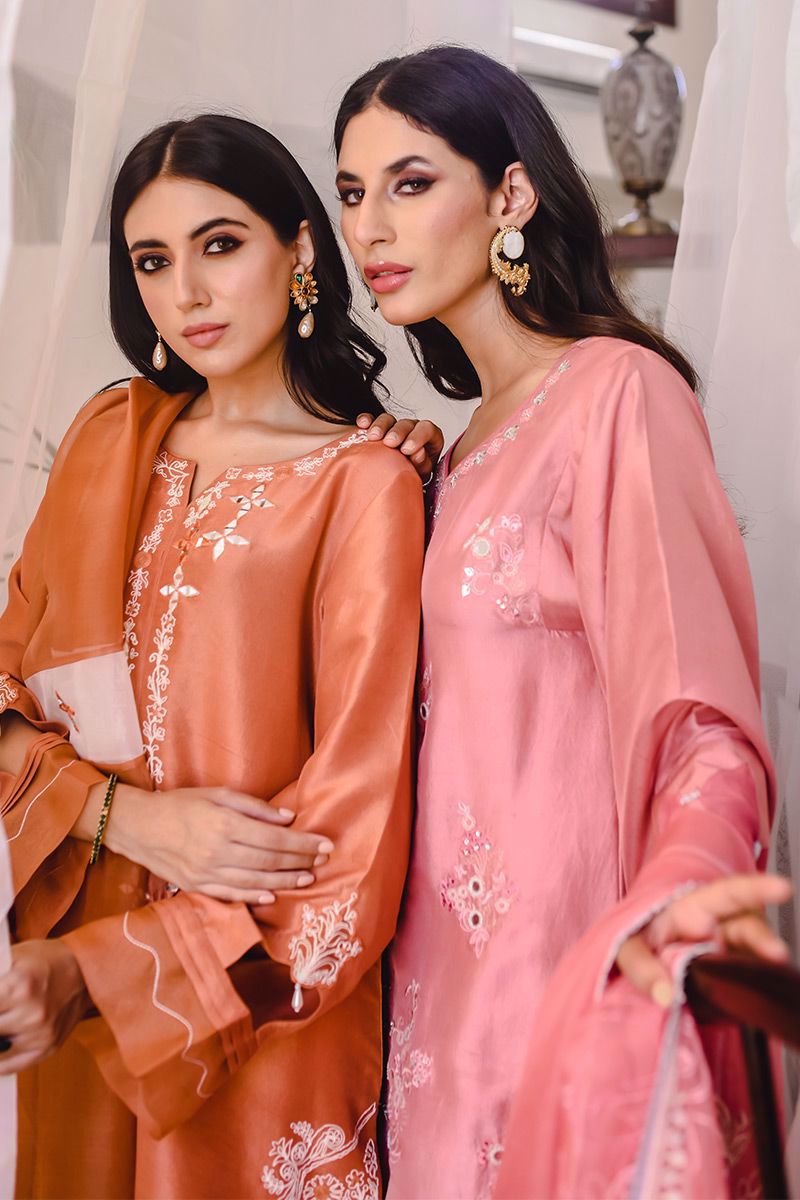 Pakistani Rust Embroidered Raw Silk Kurta Set (3-Piece) - Image 10
