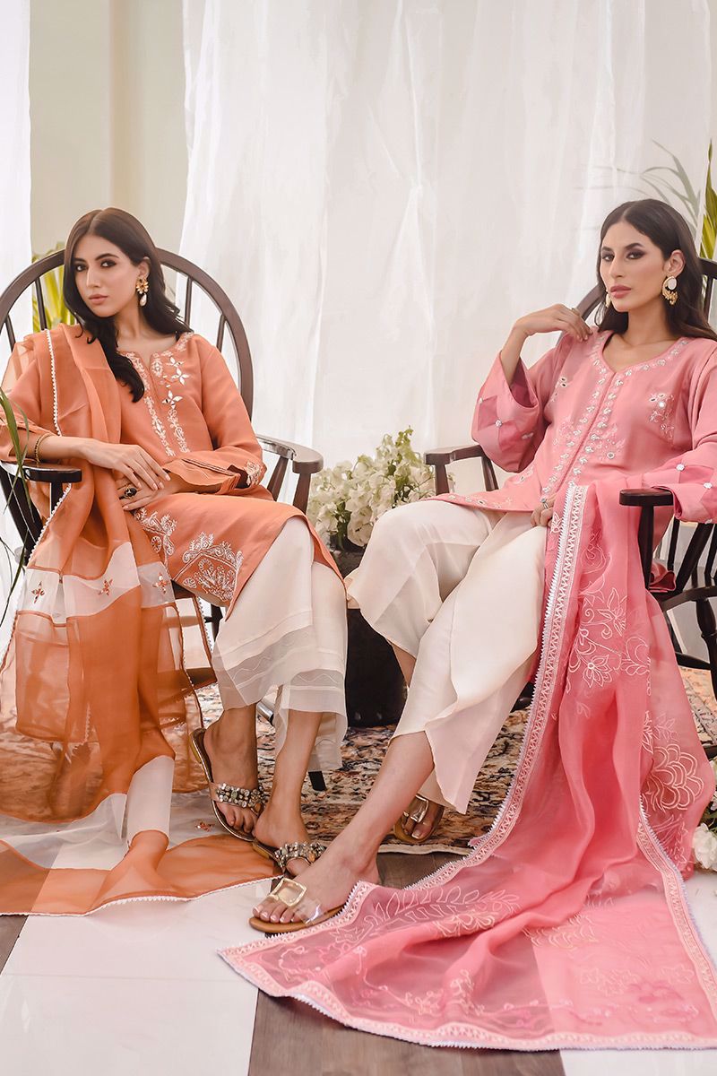 Pakistani Rust Embroidered Raw Silk Kurta Set (3-Piece) - Image 11
