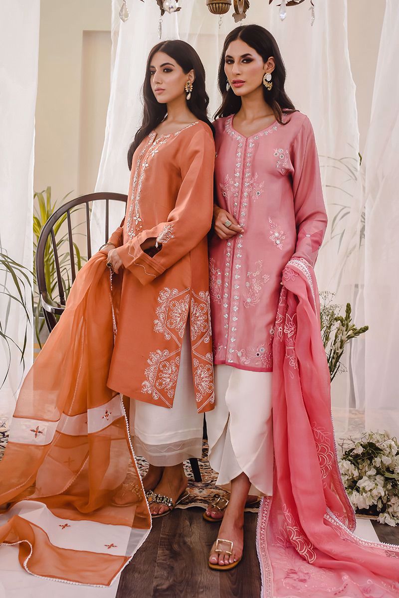 Pakistani Rust Embroidered Raw Silk Kurta Set (3-Piece) - Image 12