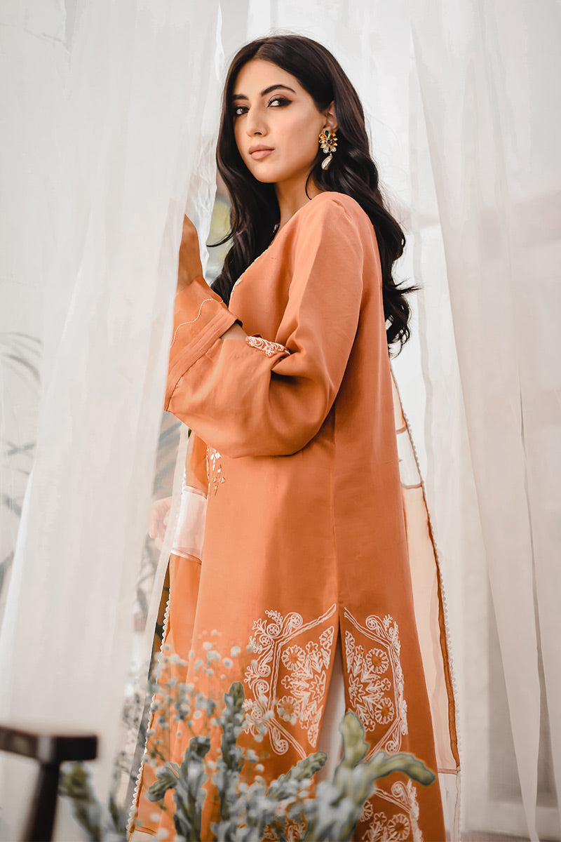 Pakistani Rust Embroidered Raw Silk Kurta Set (3-Piece) - Image 2