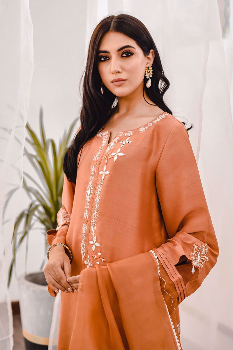 Pakistani Rust Embroidered Raw Silk Kurta Set (3-Piece) - Image 8