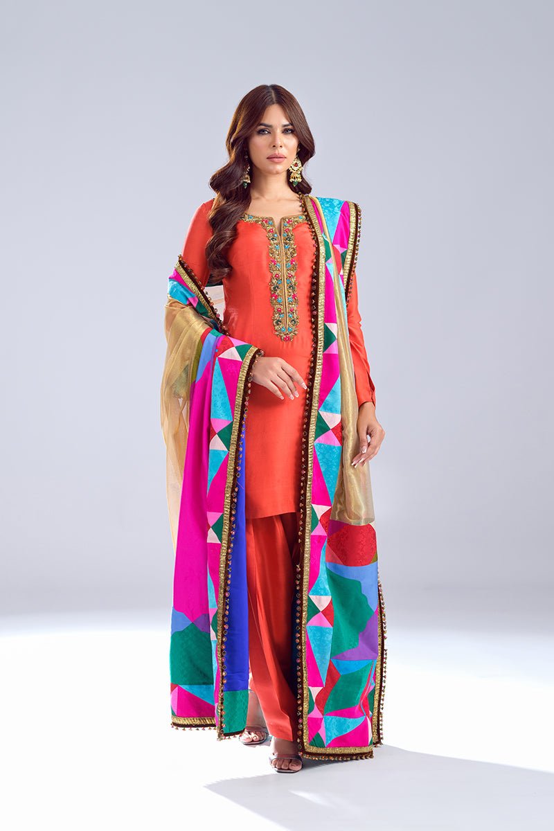 Rust Zardozi Raw Silk Salwar Kameez (3-Piece) - Image 2
