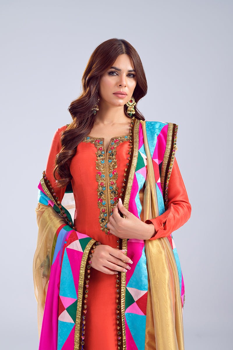 Rust Zardozi Raw Silk Salwar Kameez (3-Piece) - Image 3