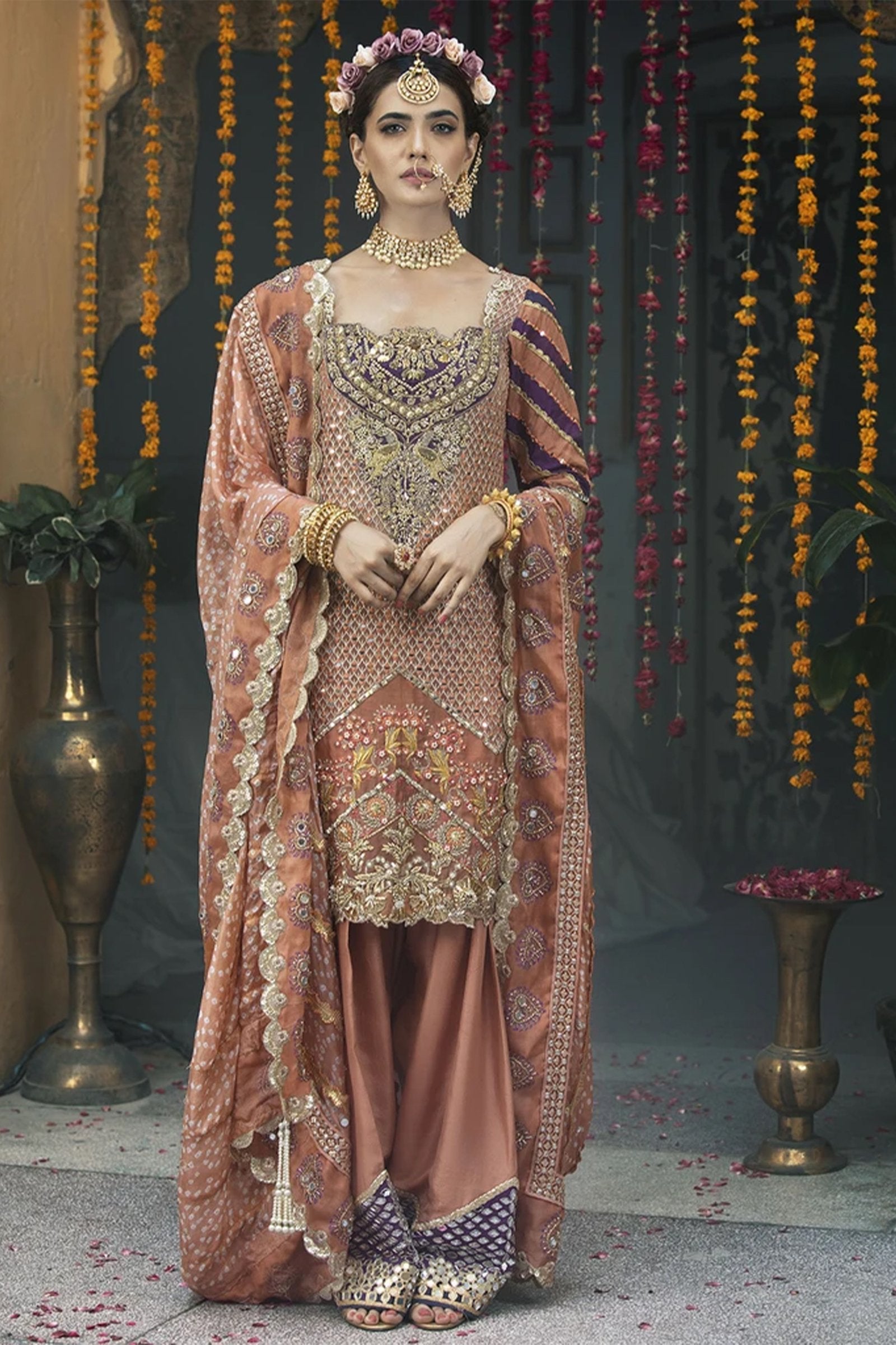 Rust Mirror & Mokaish Silk-Blend Salwar Kameez (3-Piece) - Image 1