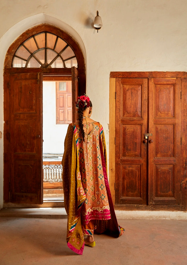 Pakistani Rust Gota Embroidered Silk Salwar Kameez (3-Piece) - Image 3