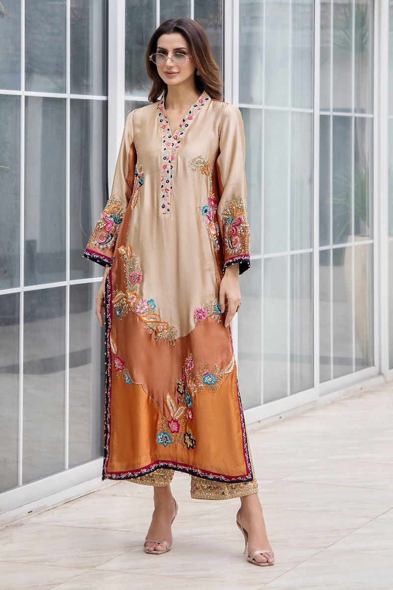 Rust and Cream Embroidered Silk Kurta (3-Piece) - Image 1