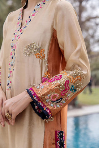 Rust and Cream Embroidered Silk Kurta (3-Piece) - Image 3