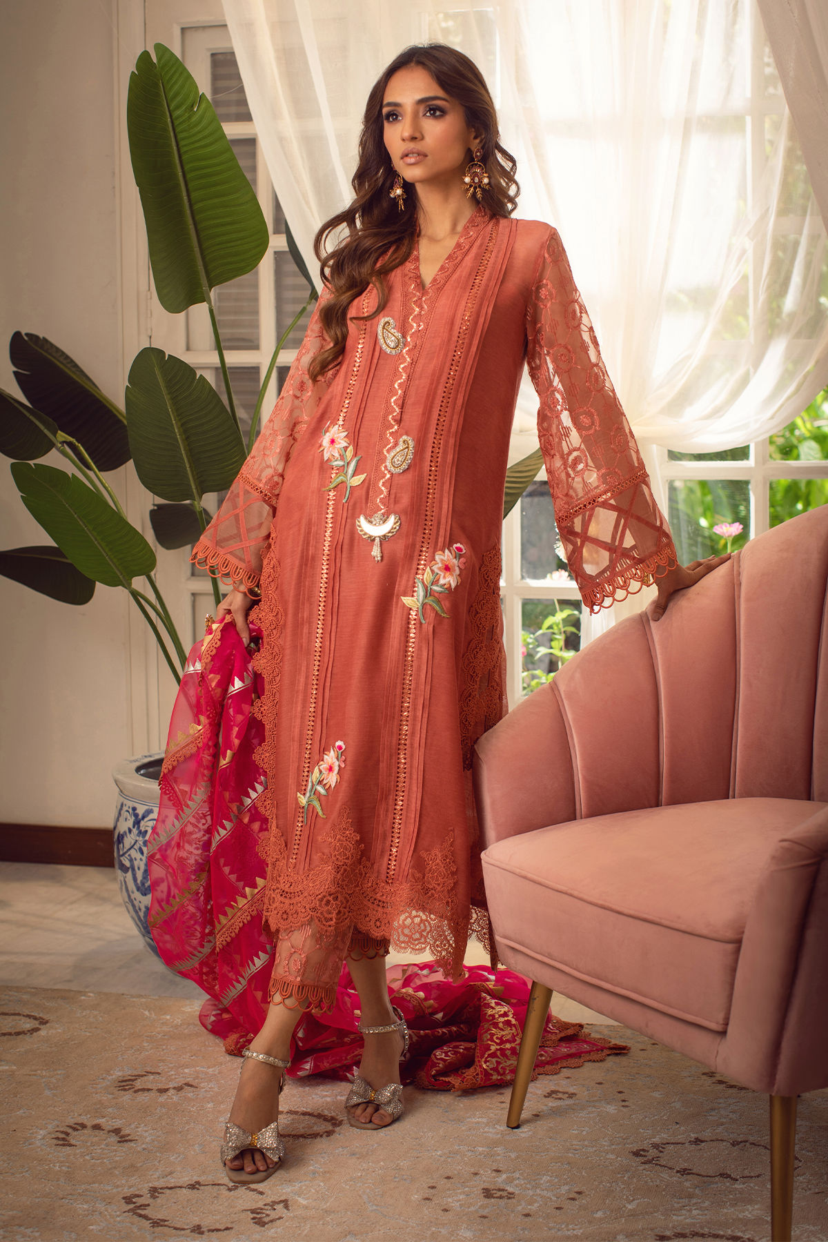 Pakistani Rust Embroidered Silk Net Salwar Kameez (3-Piece) - Image 1