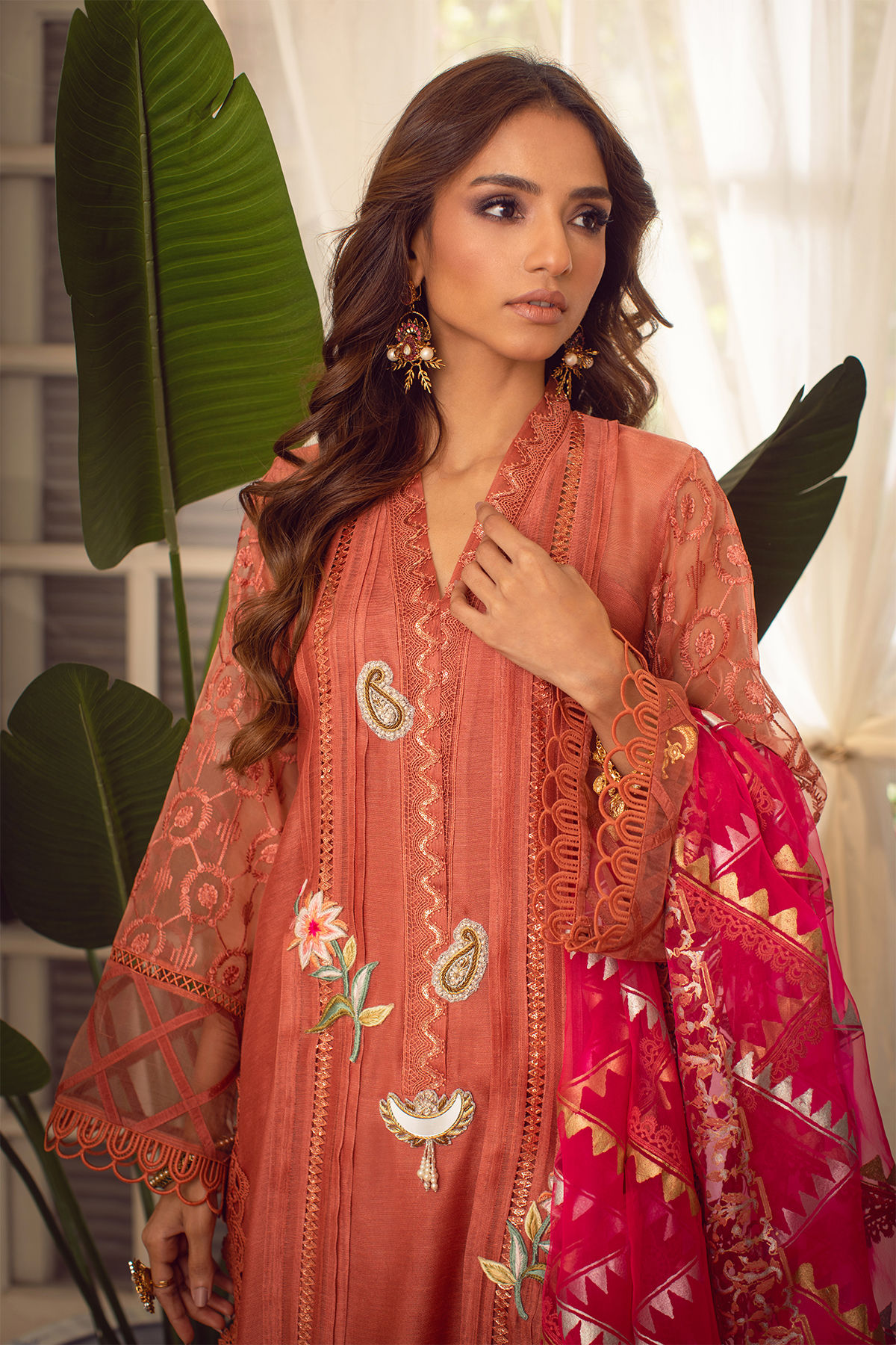 Pakistani Rust Embroidered Silk Net Salwar Kameez (3-Piece) - Image 2