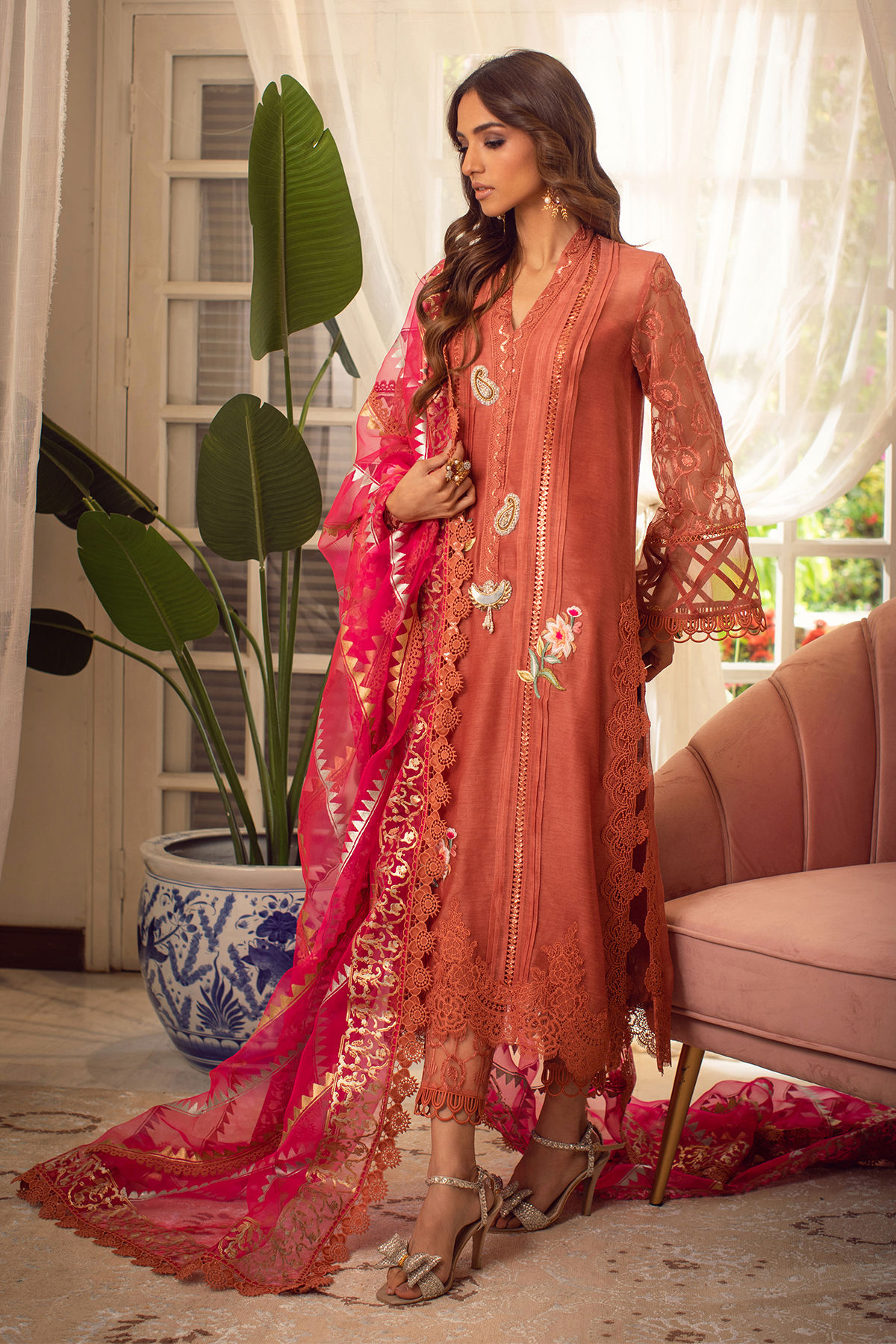 Pakistani Rust Embroidered Silk Net Salwar Kameez (3-Piece) - Image 3