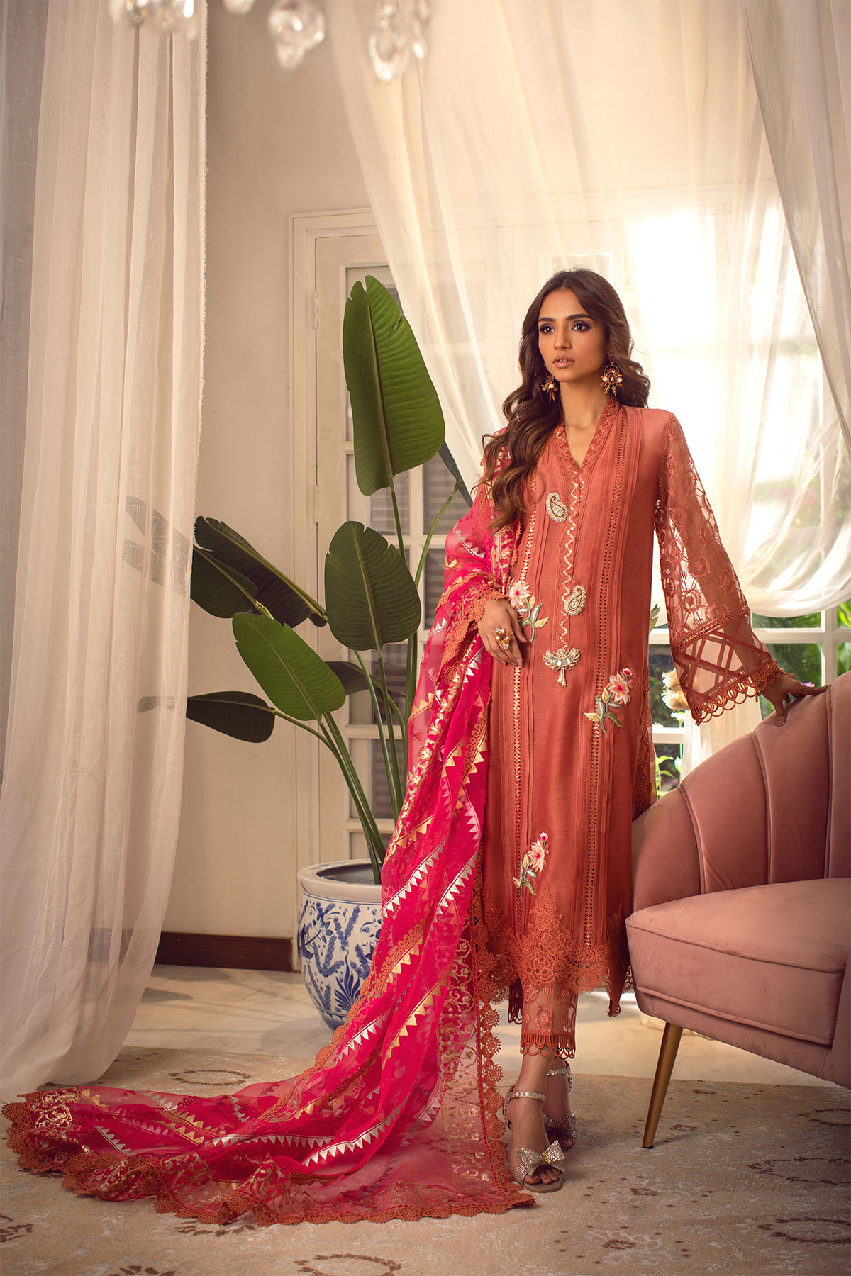 Pakistani Rust Embroidered Silk Net Salwar Kameez (3-Piece) - Image 4