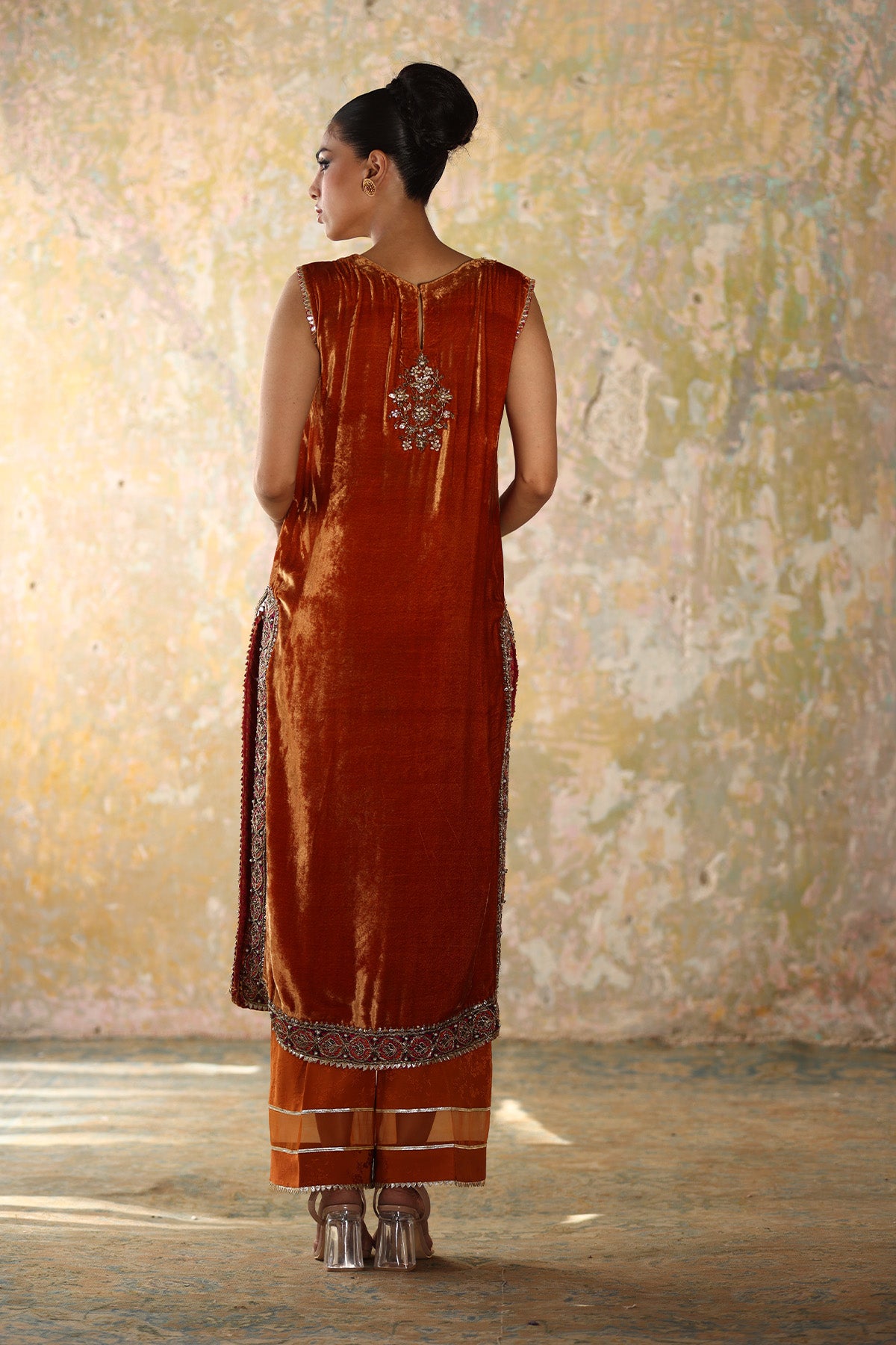 Pakistani Rust Embellished Velvet & Silk Salwar Kameez (2-Piece) - Image 3