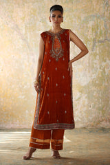 Pakistani Rust Embellished Velvet & Silk Salwar Kameez (2-Piece) - Image 4