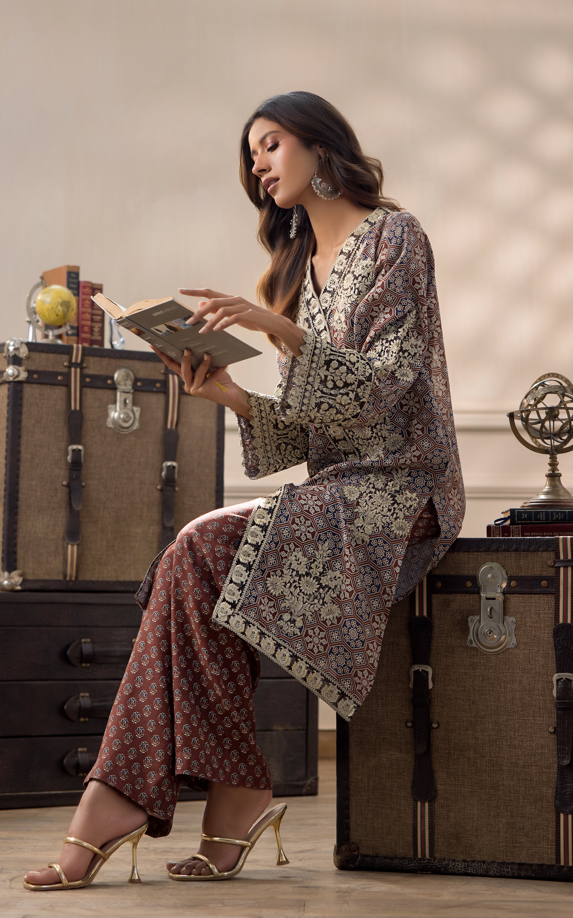 Pakistani Rust and Navy Embroidered Viscose Silk Salwar Kameez (2-Piece) - Image 1