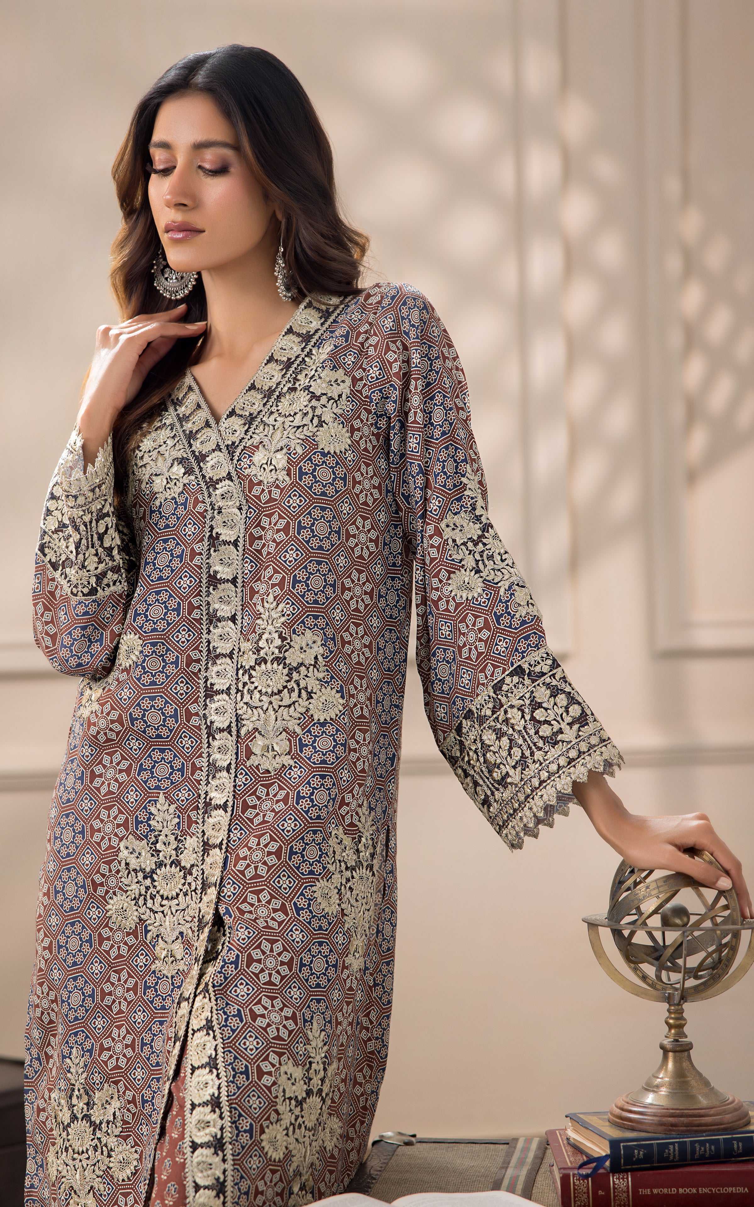 Pakistani Rust and Navy Embroidered Viscose Silk Salwar Kameez (2-Piece) - Image 2