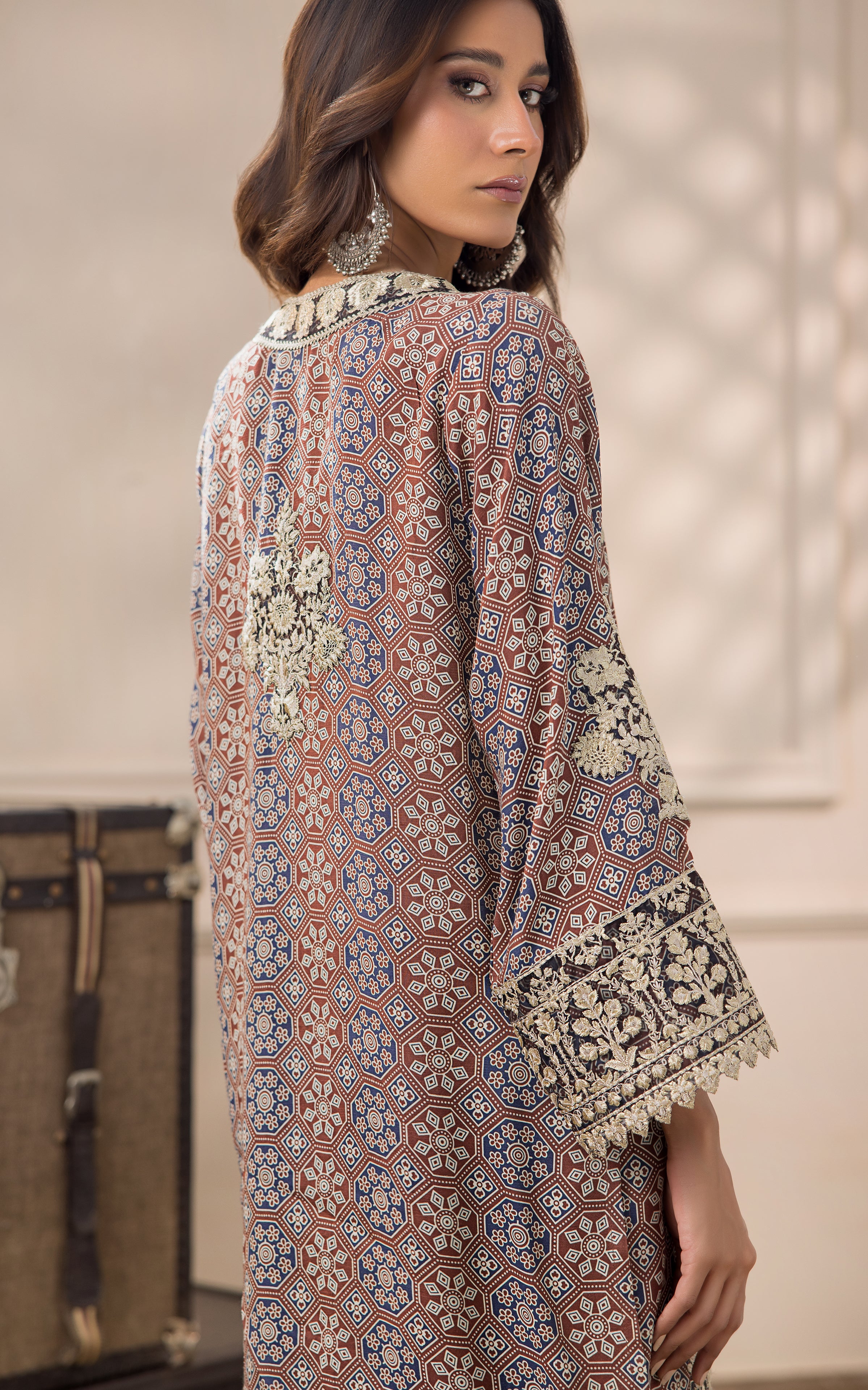 Pakistani Rust and Navy Embroidered Viscose Silk Salwar Kameez (2-Piece) - Image 3