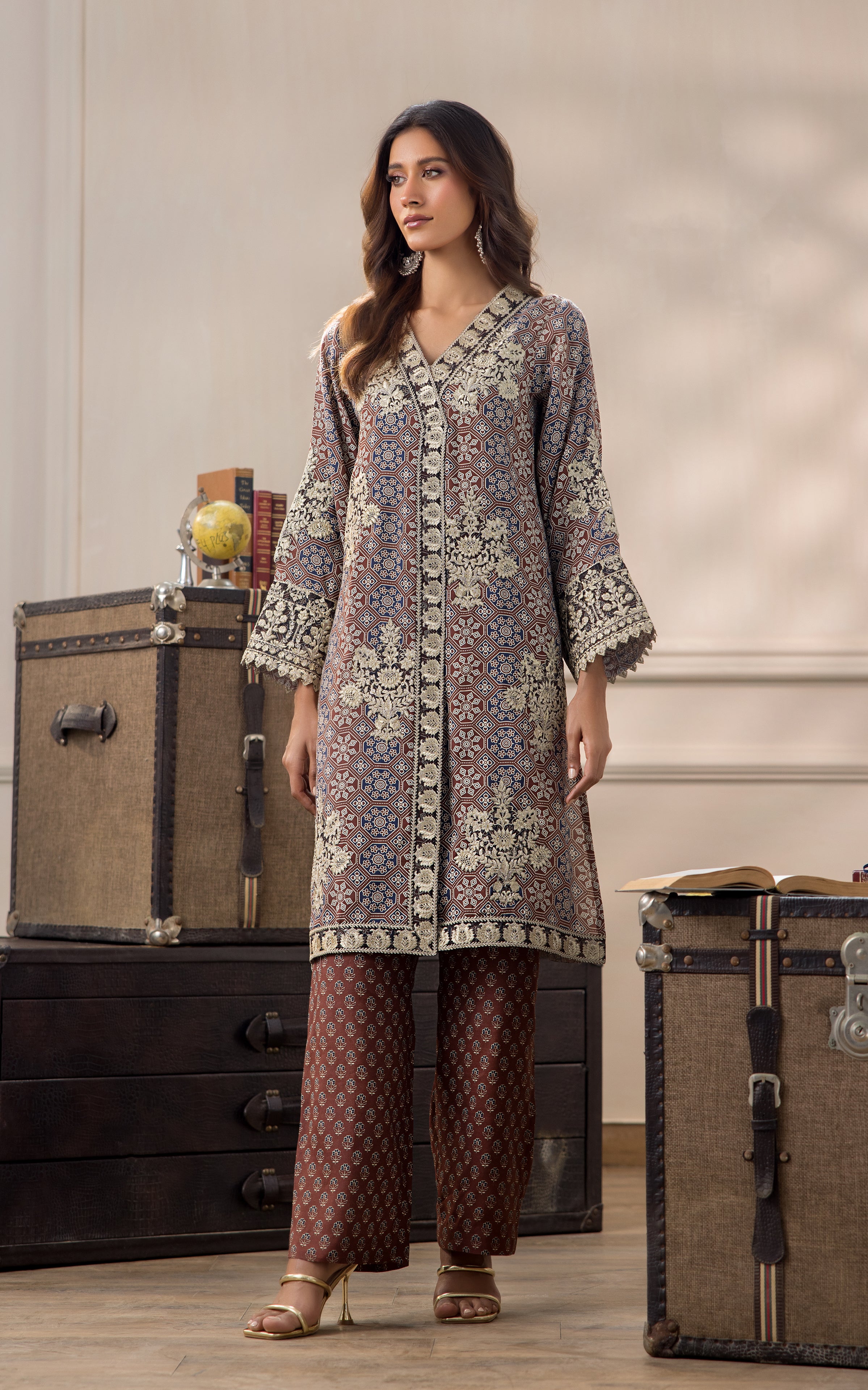 Pakistani Rust and Navy Embroidered Viscose Silk Salwar Kameez (2-Piece) - Image 4
