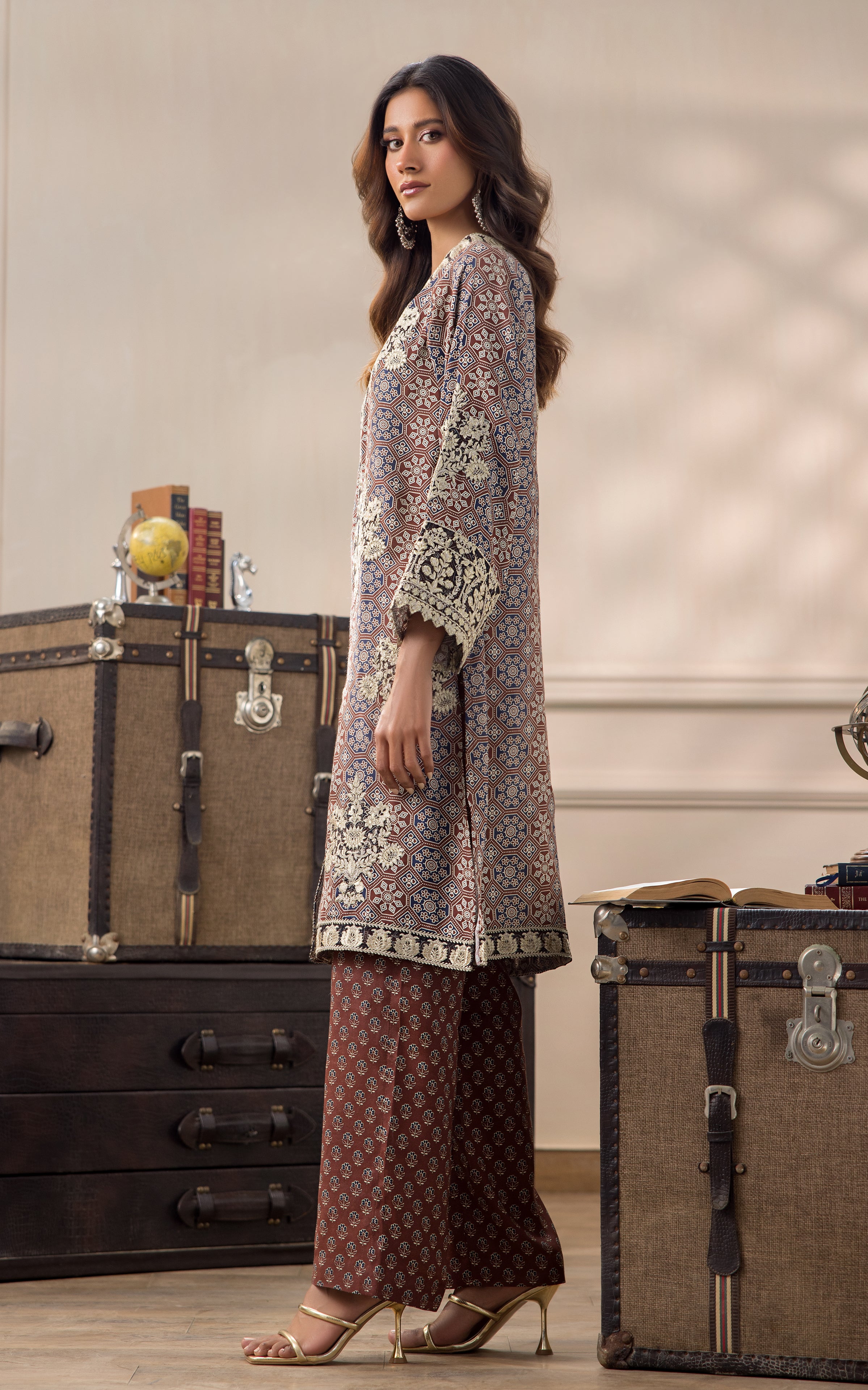 Pakistani Rust and Navy Embroidered Viscose Silk Salwar Kameez (2-Piece) - Image 5