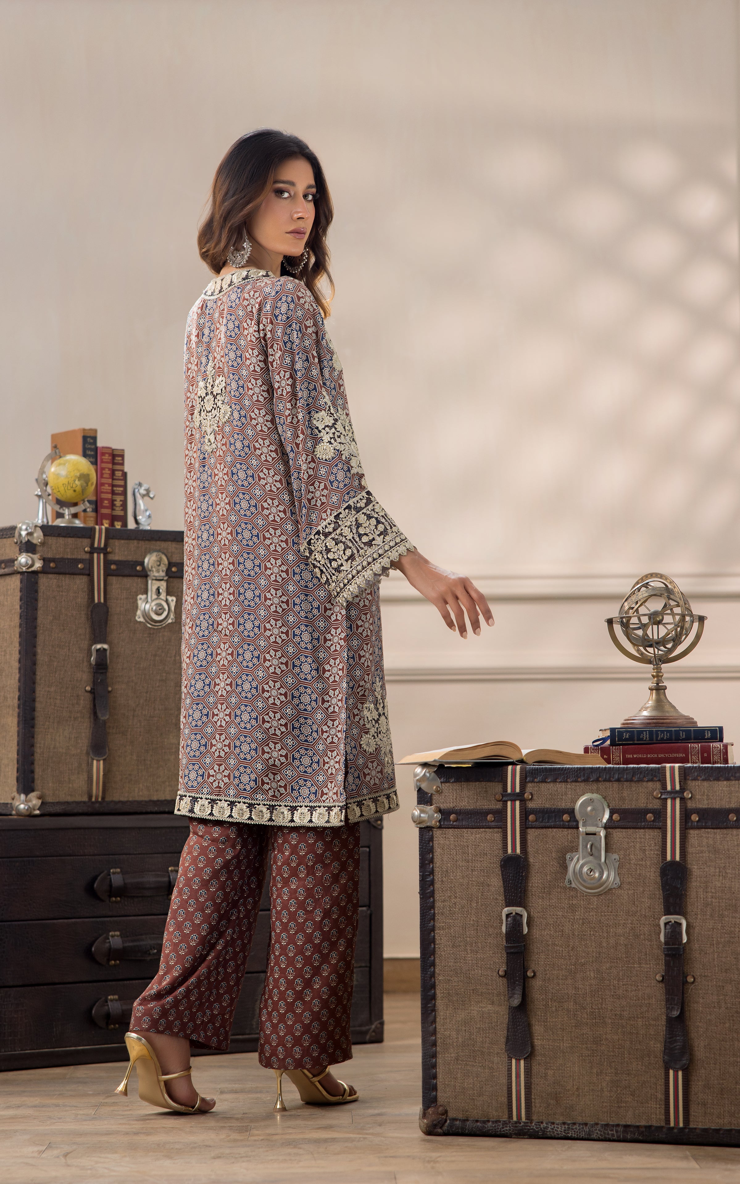 Pakistani Rust and Navy Embroidered Viscose Silk Salwar Kameez (2-Piece) - Image 6