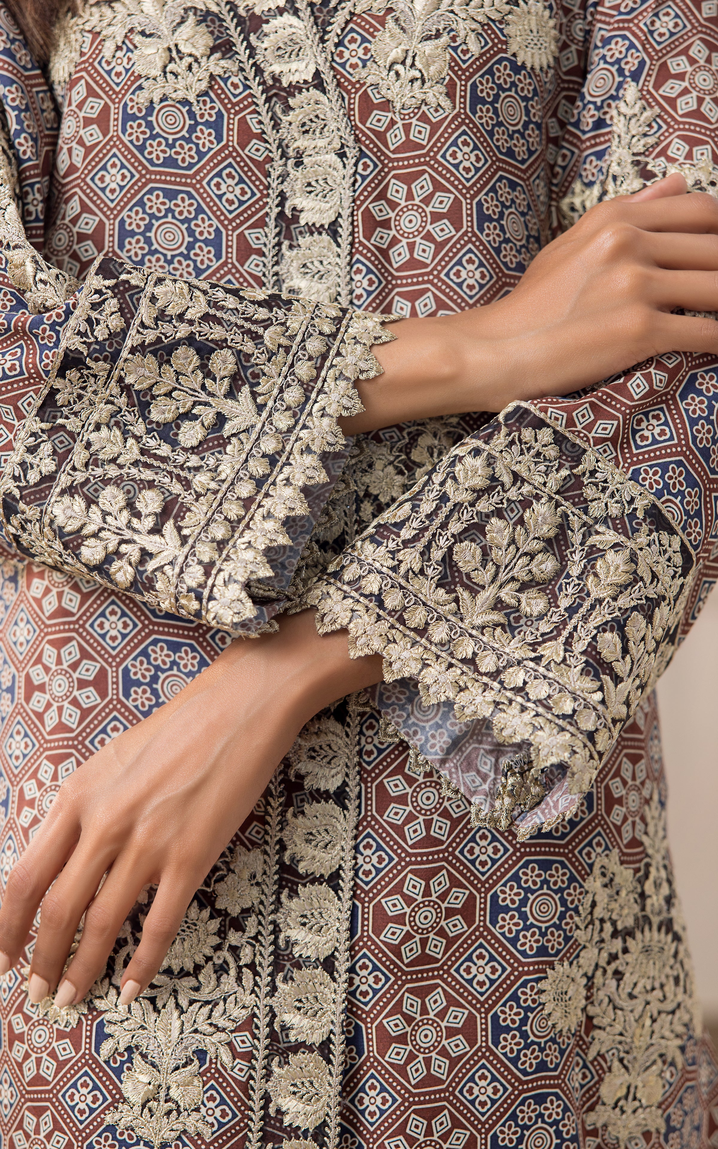 Pakistani Rust and Navy Embroidered Viscose Silk Salwar Kameez (2-Piece) - Image 7