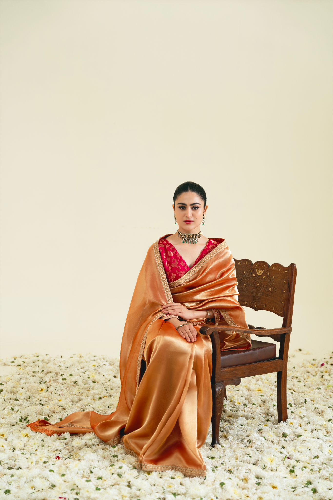 Pakistani Rust Zari Lahma Saree with Magenta Brocade Blouse (2-Piece) - Image 1