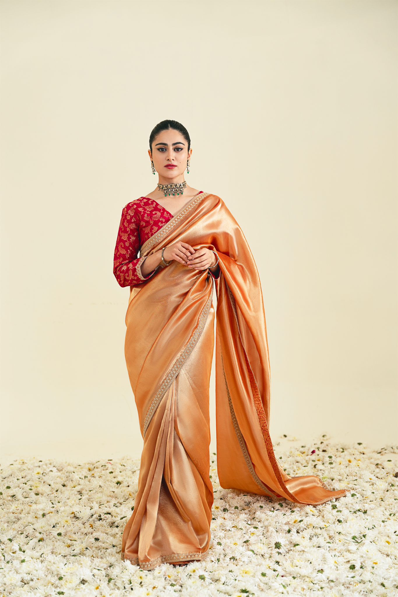 Pakistani Rust Zari Lahma Saree with Magenta Brocade Blouse (2-Piece) - Image 3