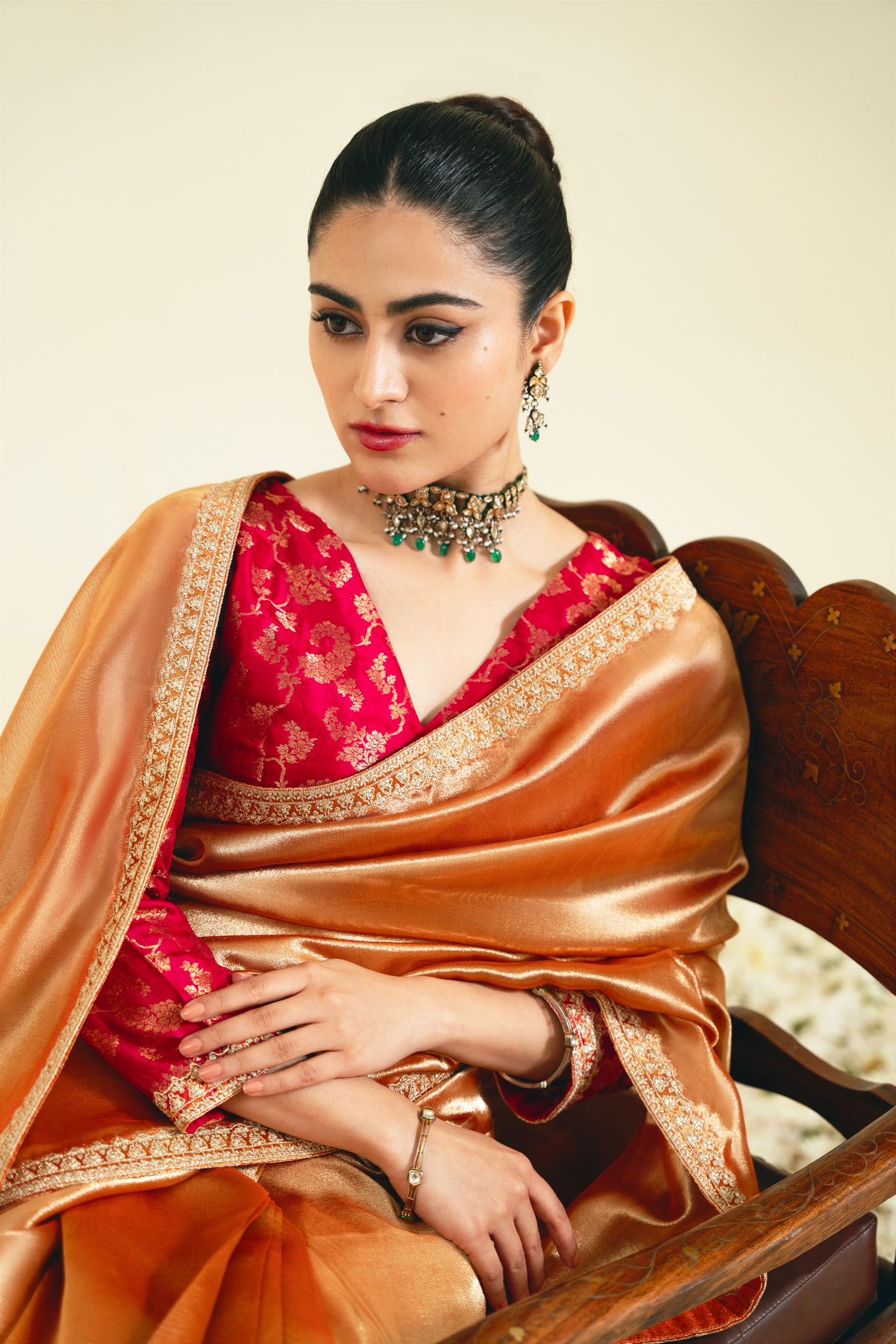 Pakistani Rust Zari Lahma Saree with Magenta Brocade Blouse (2-Piece) - Image 4