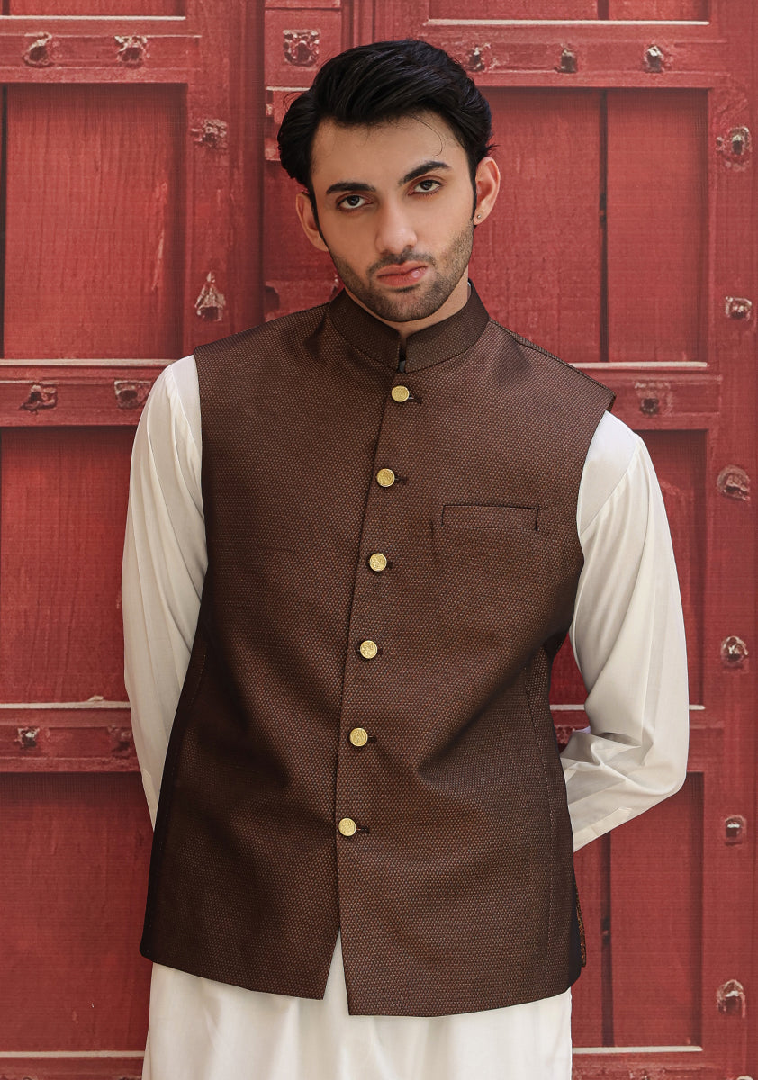 Rust Woven Jamawar Waistcoat (2-Piece) - Image 1
