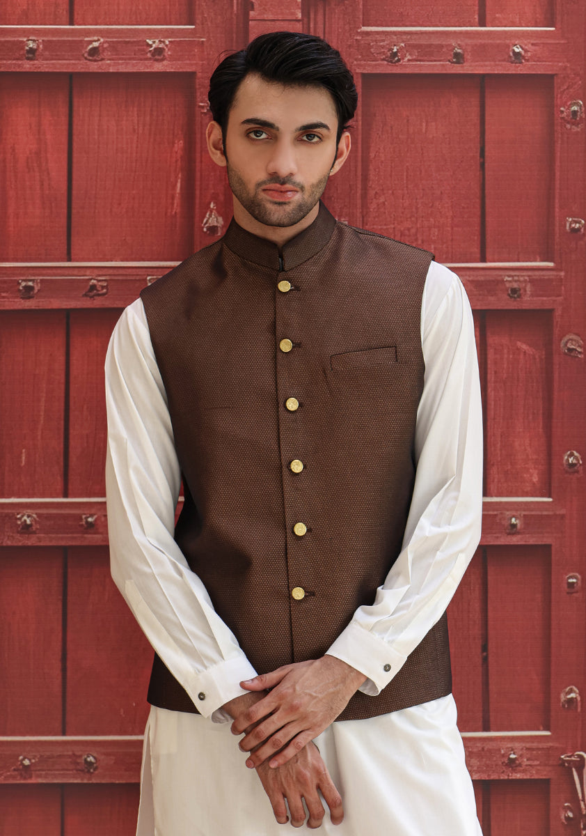 Rust Woven Jamawar Waistcoat (2-Piece) - Image 2
