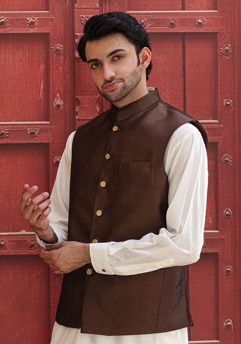 Rust Woven Jamawar Waistcoat (2-Piece) - Image 3