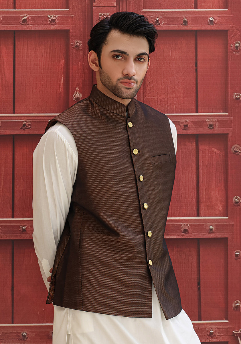 Rust Woven Jamawar Waistcoat (2-Piece) - Image 4