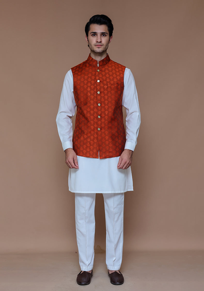 Rust Woven Jamawar Waistcoat (1-Pc) - Image 1