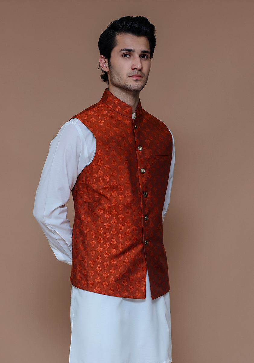 Rust Woven Jamawar Waistcoat (1-Pc) - Image 2
