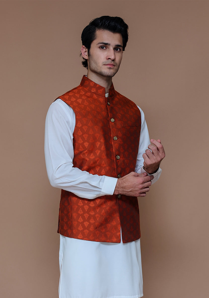 Rust Woven Jamawar Waistcoat (1-Pc) - Image 3