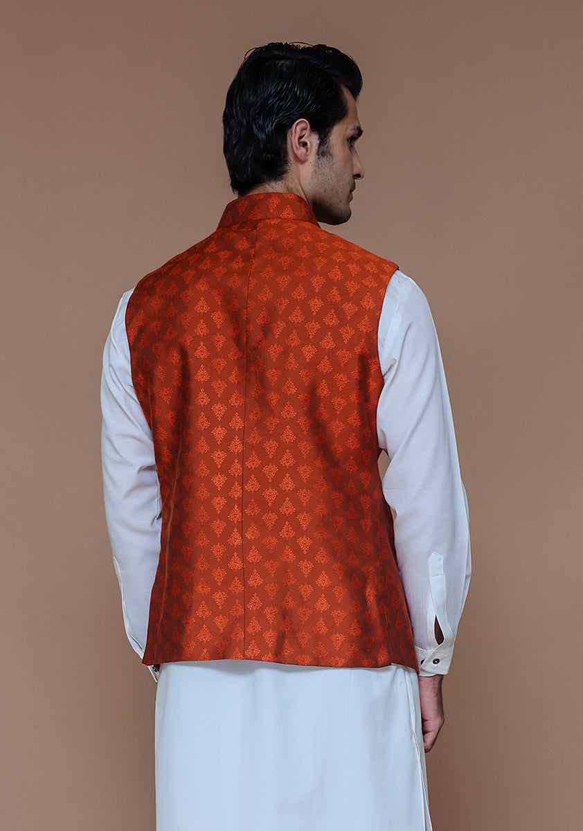 Rust Woven Jamawar Waistcoat (1-Pc) - Image 4