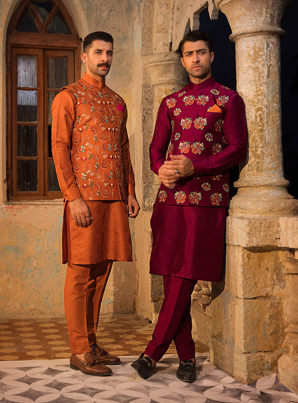 Rust Jacquard Embroidered Waistcoat Kurta Set (3-Piece) - Image 5
