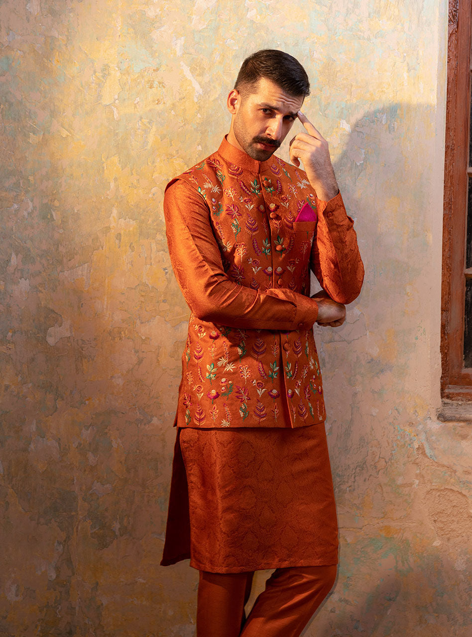 Rust Jacquard Embroidered Waistcoat Kurta Set (3-Piece) - Image 6