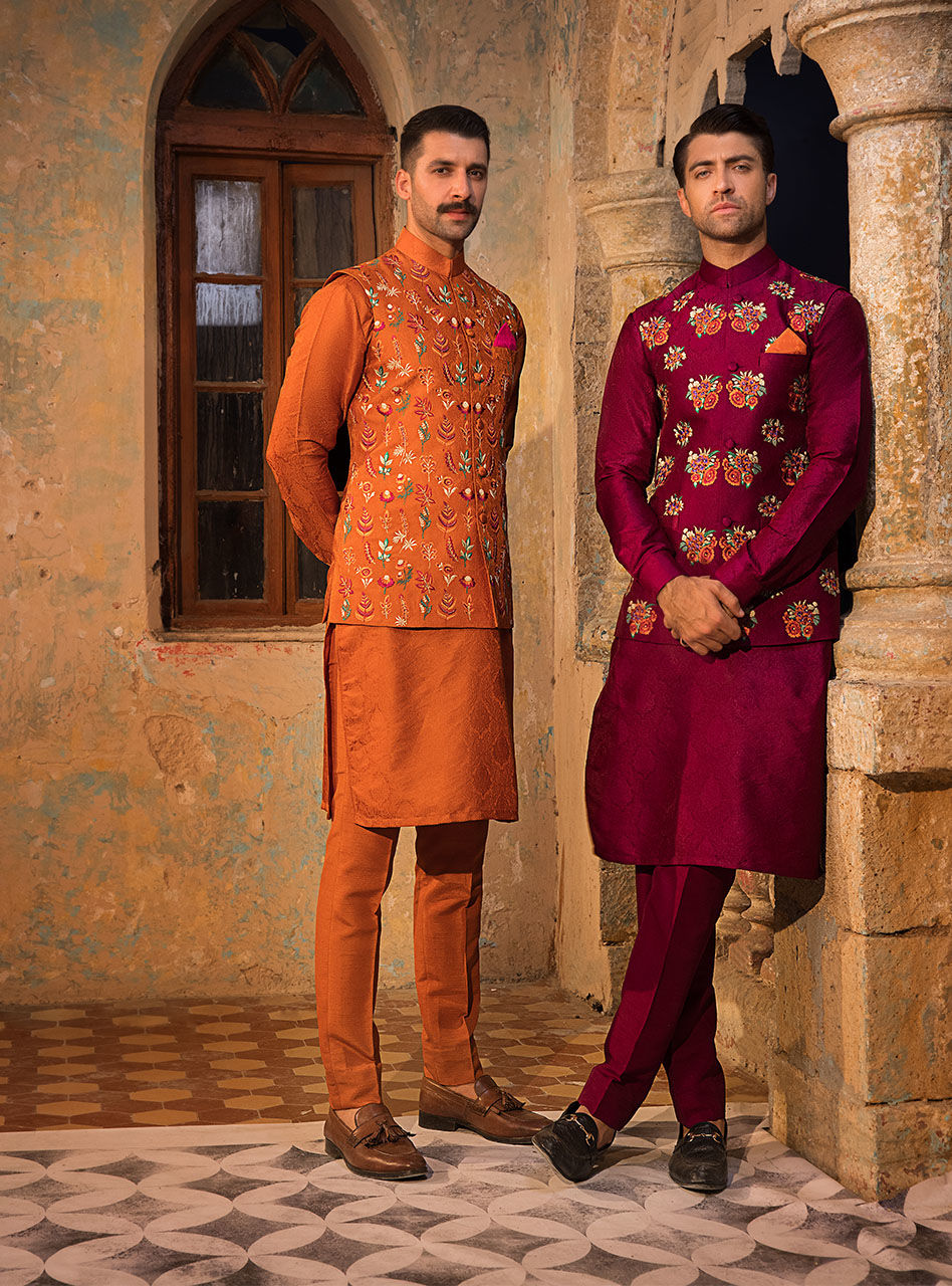 Rust Jacquard Embroidered Waistcoat Kurta Set (3-Piece) - Image 7
