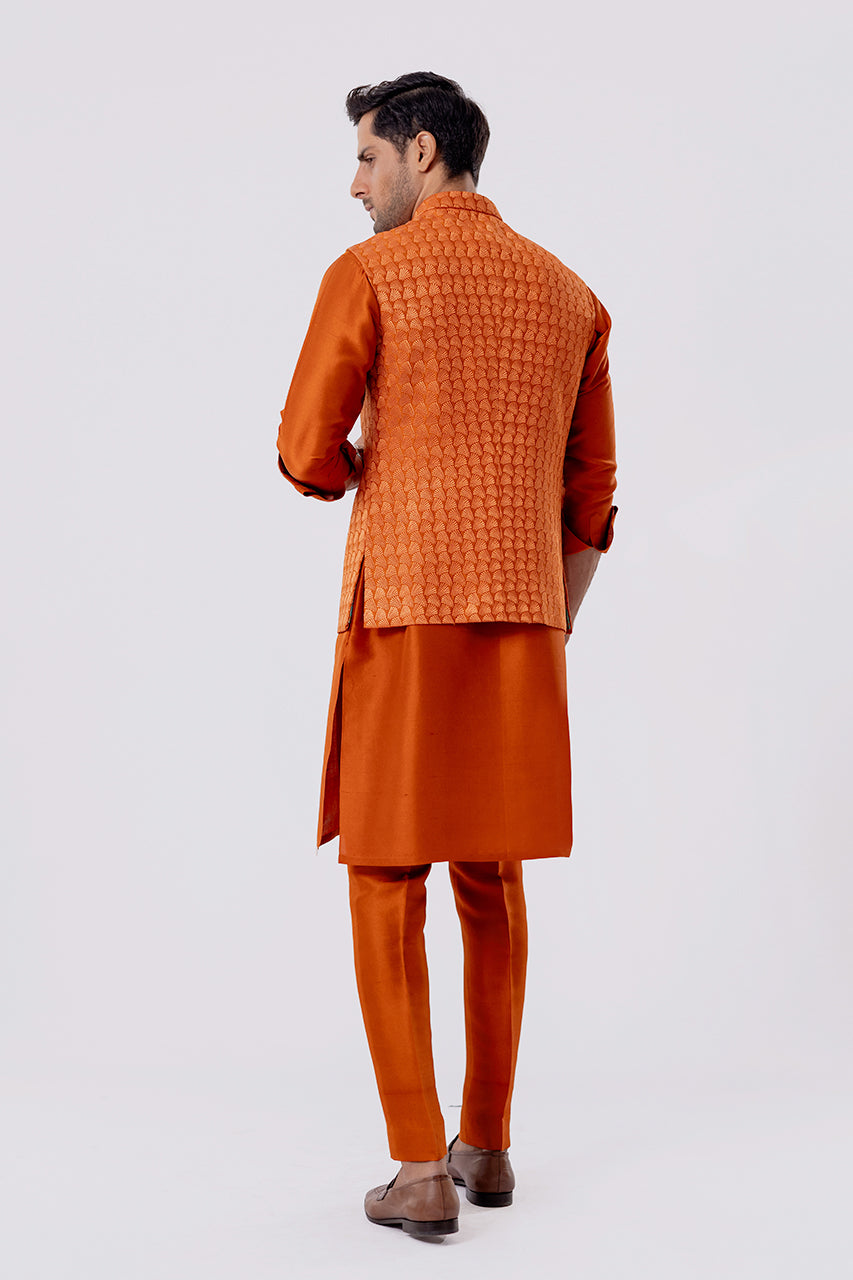 Rust Embroidered Raw Silk Waistcoat Kurta Set (3-Piece) - Image 2