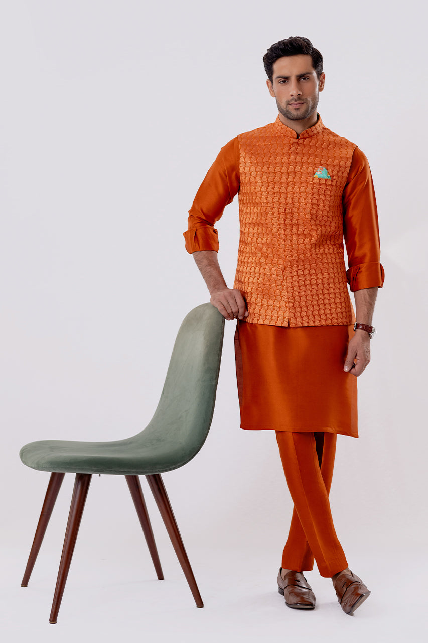 Rust Embroidered Raw Silk Waistcoat Kurta Set (3-Piece) - Image 5