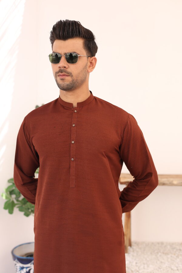 Rust Raw Silk Waistcoat Kurta Set (3-Piece) - Image 5