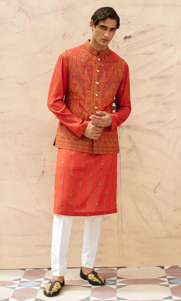 Deep Rust Printed Silk-Blend Waistcoat Kurta Set (3-Piece) - Image 2