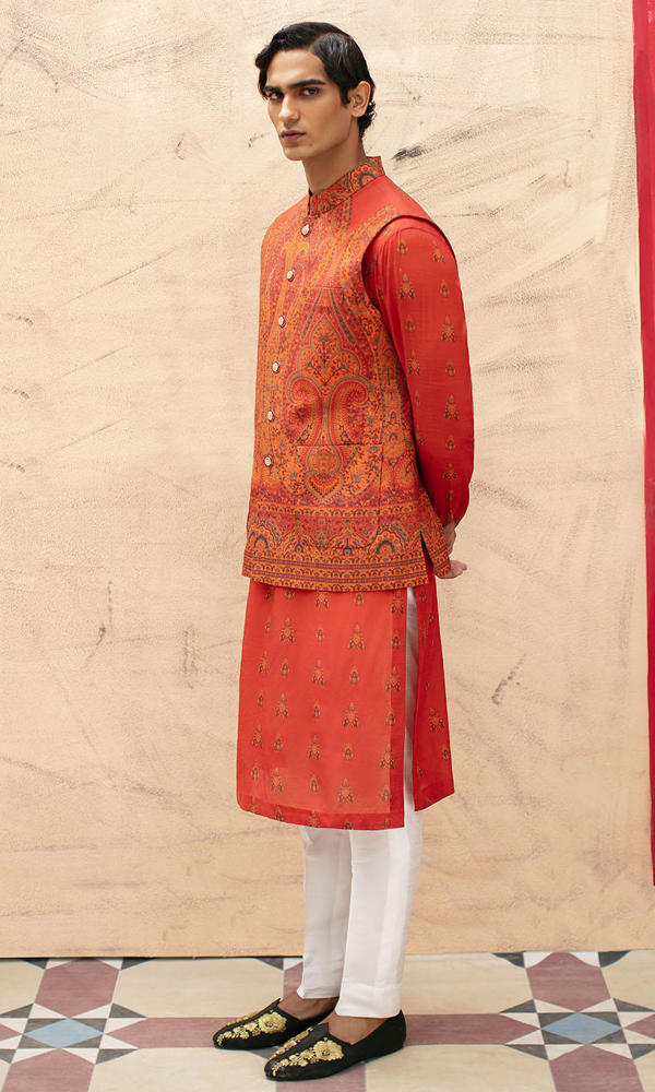 Deep Rust Printed Silk-Blend Waistcoat Kurta Set (3-Piece) - Image 3