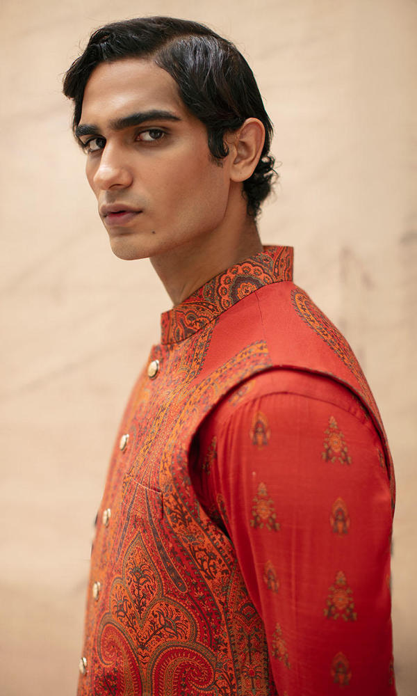 Deep Rust Printed Silk-Blend Waistcoat Kurta Set (3-Piece) - Image 4